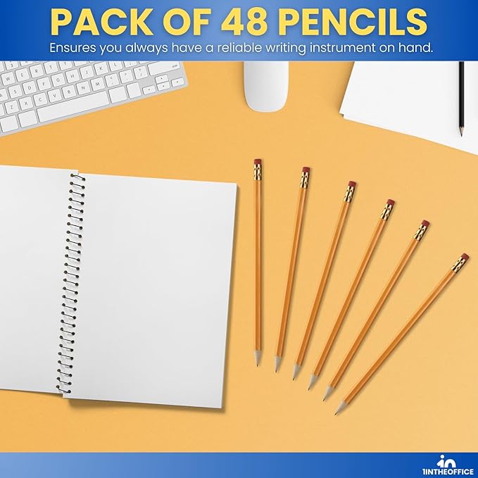1InTheOffice Lead Pencils, Sharpened Pencils #2 HB, Wood-Cased, Black Lead, Yellow Barrel, 48 Pack