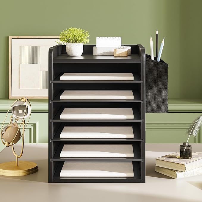 HOOBRO Adjustable Countertop Mail Sorter, 6 Tier Wooden Paper Organizer, Vertical Literature Organizer with Side Storage, Office Mailbox Cubbies, Classroom Mailbox, for Home, Office, Black BB34WF01