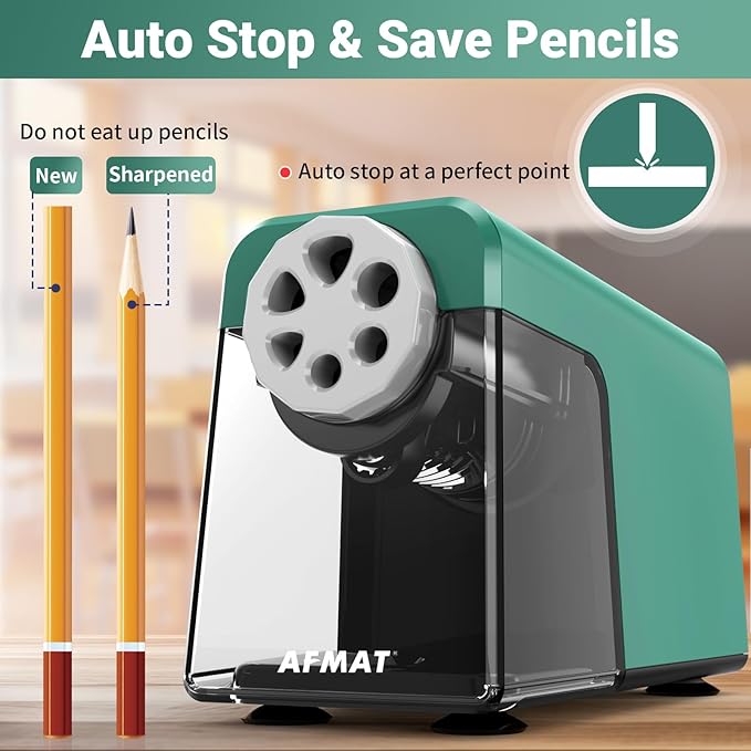 AFMAT 6-Hole Pencil Sharpener for Classroom, Cordless & Rechargeable, Heavy Duty Electric Pencil Sharpener for 6-11mm Colored Pencils, Auto Stop, Super Fast, 10,000+ Sharpenings, Battery Powered, PSD1