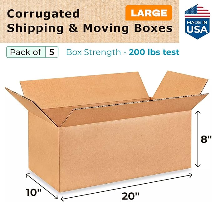 Large Shipping & Moving Boxes 20 x 10 x 8 inches (5-Pack) - Extra Strength 200 lb vs Regular - Corrugated Moving Boxes for USPS/UPS - Strong Shipping Box - Cardboard Box by IDL Packaging
