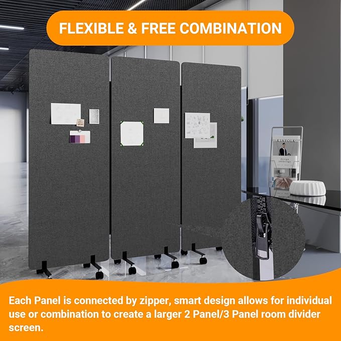 Soundproof Room Divider W/Wheels, 66in Office Dividers for Sound Proofing & Reducing, Sound Proof Dividers for Office Partitions Portable Acoustic Wall Divider (Dark Grey, 3 Panel+3 Panel)