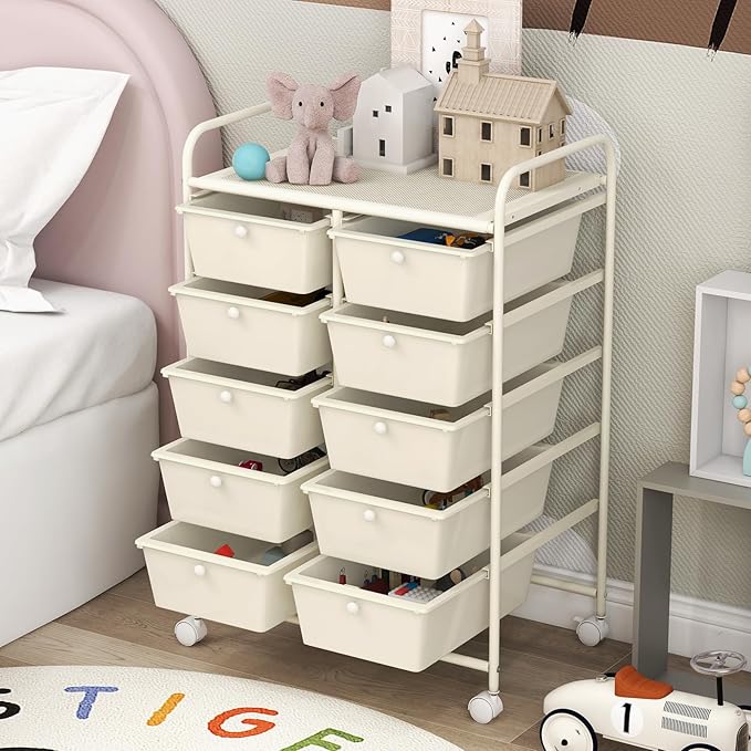 GLACER 10 Drawer Rolling Cart, Storage Cart with Lockable Whieels & Metal Frame, Trolley for Art Craft Oganizer, Mobile Utility Cart for Office, School, Classroom, Kitchen (Ivory Color)