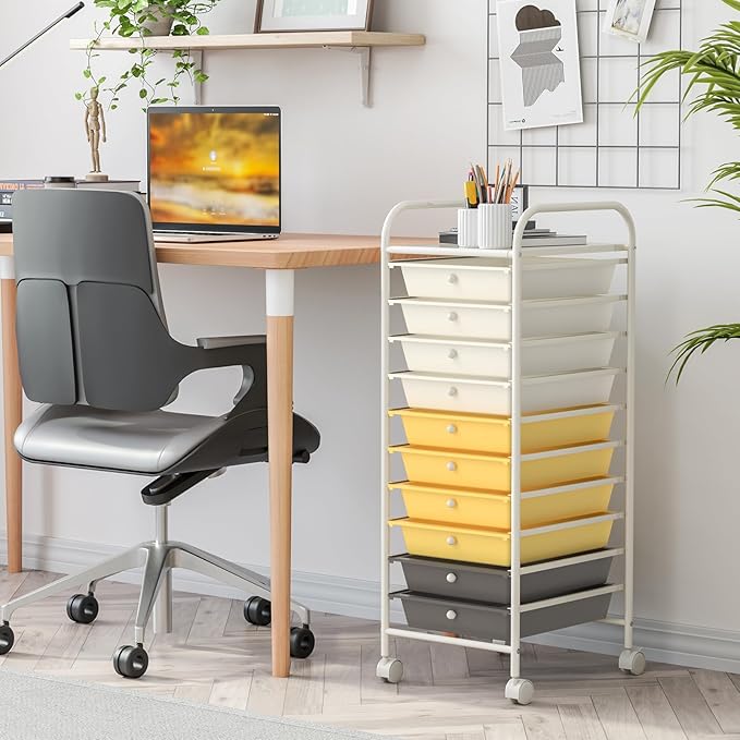 GLACER 10 Drawers Rolling Cart, Storage Cart with w/Removable Drawers & Steel Frame, Utility Mobile Trolley w/Universal Casters & 2 Brakes, Organizer Cart for Home, School, Office (Yellow)