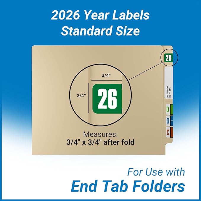 2026 Year Stickers, Doctor Stuff 2026 Chart Stickers, Safeguard Style Ringbook Sheets, Green Color Coded, USA Made Year Labels for End Tab File Folders, 270/Package, 3/4" x 1-1/2"