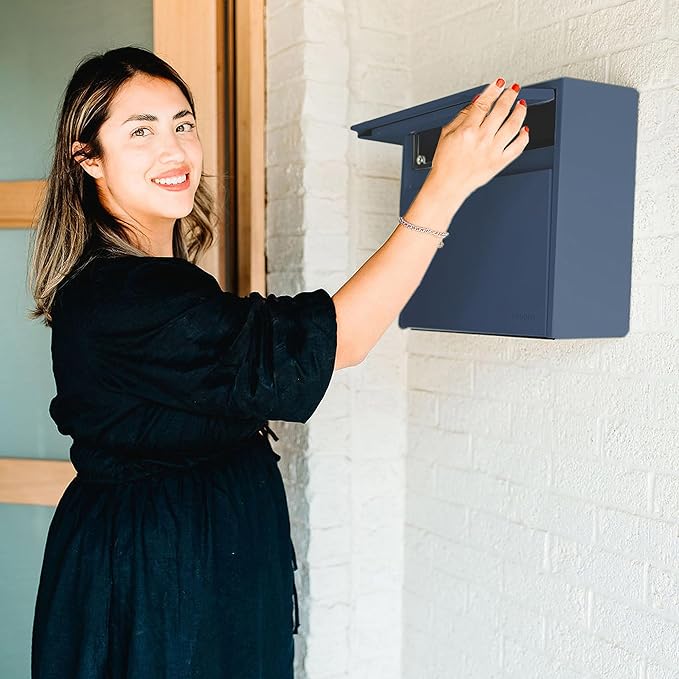 Wall Mount Mailbox - Small, Anti-Theft Locking Mailbox, Weatherproof Mailboxes for Outside The House, 13.5" H x 15" L x 5.5" D (Navy)