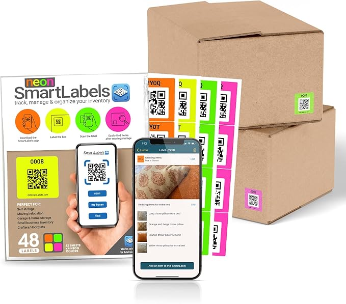 Smart Labels QR Code Stickers Pack of 48 (Neon) Made in USA - QR Code Labels for Storage & Inventory Tracking, Storage Unit Organization, App Stickers for Inventory Organization & Moving Supplies