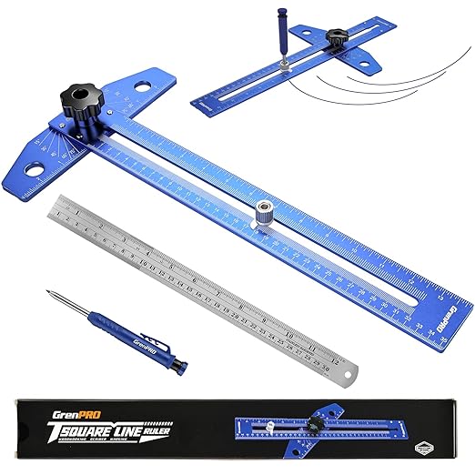 GRENPRO Woodworking Scriber Marking Line Ruler with Carpenter Pencil & Metal Ruler, Adjustable Aluminum Alloy Sliding T-Square Ruler, Measuring Angle Finder with Adjustment Scale,Drawing Aid Rule tool