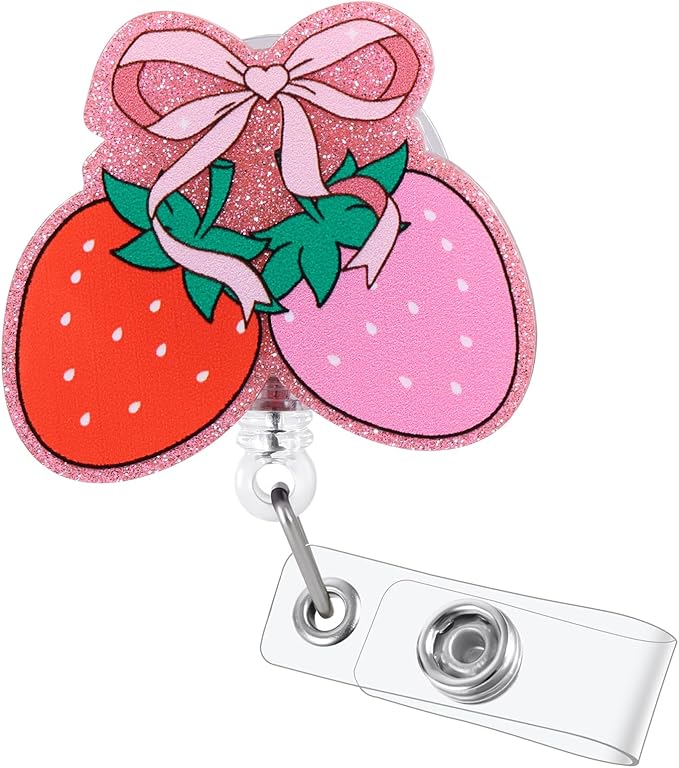 Pink Bow Strawberry Badge Reel | Cute Retractable ID Card Badge Holder | Name Tag Work Badge Clip for RN LPN CNA MA ER Night Shift Nurse Nursing Student Doctor | Nurse Gifts | Acrylic｜Alligator Clip