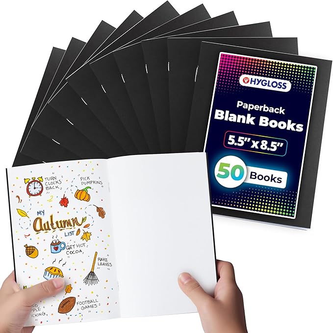 Hygloss Blank Books - Bulk 50 Pack – 5.5" x 8.5" A5 Black Paperback Blank Books for Kids to Write Stories, Doodle, Arts & Crafts – Plain Drawing Sketchbook, Unlined Journal, Notebook Without Lines