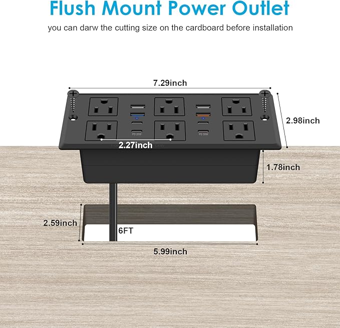 Recessed Power Strip with PD 30W Fast Charging, Conference Desk Flush Mount Outlets Plug in 6 Outlets & 8 USB Ports,3FT Cord Furniture Drawer Outlet Black
