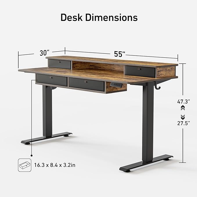 FEZIBO 55'' x 30'' Electric Standing Desk with 4 Storage Drawers, Adjustable Height Computer Table with Monitor Shelf, Stand Up Desk for Study, Gaming, Workstation, Rustic Brown Top