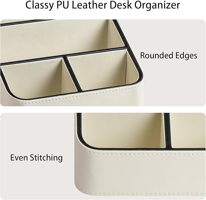 MEIBOOCH Remote Control Holder, PU Leather Small Desk Organizer with 4 Compartments, Nightstand Organizer Desk Caddy for Remote, Notepad, Phone, Glasses, and Accessories (Cream)