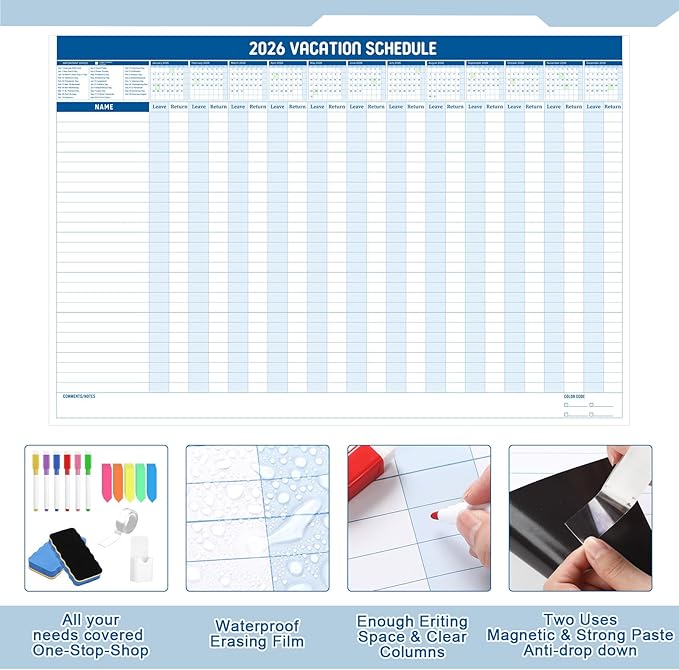 Lincia Large Magnetic 2026 Full Yearly Vacation Board Schedule Dry Erase Wall Planner Calendar Reusable Project Office Whiteboard 24" x 36" Vacation Calendar for Management, Planning, Organizing