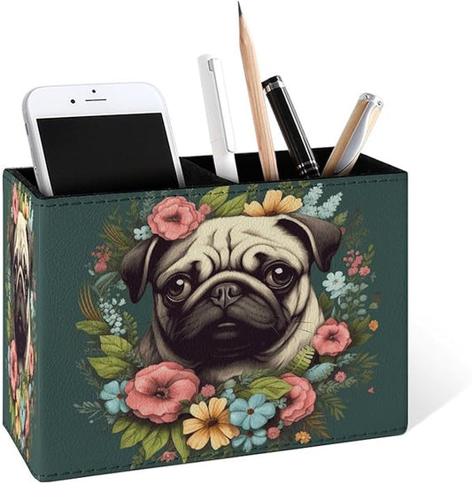 Famame Vintage Flowers Around Pug Pencil Holder for Desk, Leather Desktop Container Pen Cup Storage Study Table Pen Organizer Makeup Brush Holder for Classroom Office Home