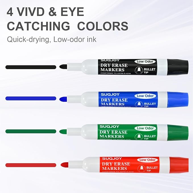 SUQJOY Dry Erase Markers, BulletTip Whiteboard Markers, Low Odor Thick Dry Markers, 36 Bulk 4 Assorted Color Marker for Whiteboard, Classroom, Office & Home(36 Count 4 Colors)