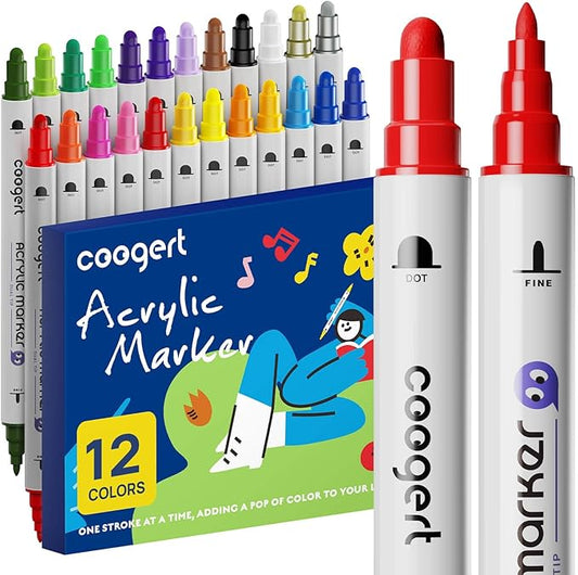 Coogert 12 Colors Dual Tip Acrylic Paint Markers,Fine Tip and Dot Tip Acrylic Paint Pens For Rock Painting, Canvas, Wood, Glass, Ceramic, Fabric, Plastic, Egg, Art Painting Supplies Kit