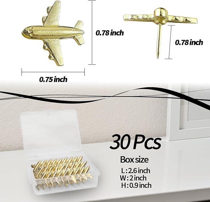 Gold-Tone Airplane Push Pins 30 Pack - Metal Thumb Tacks for Cork Bulletin Board,Photos Wall,Maps,Office and Home Decoration