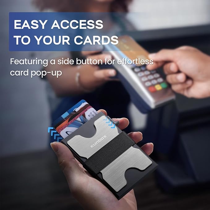 RUNBOX Slim Card Holder Wallet for Men, Minimalist RFID Blocking Wallet with Pop-Up Function, Ultra-Thin Design, Metal Business Card Cases holds 6+6 Cards, Gifts for Men, Men's Accessories