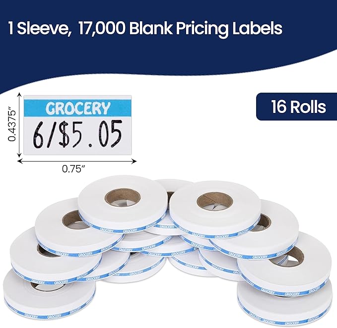 Perco Blue Reverse Print on White Grocery Labels to fit Monarch 1110 Price Gun, 16 Rolls - 17,000 Labels