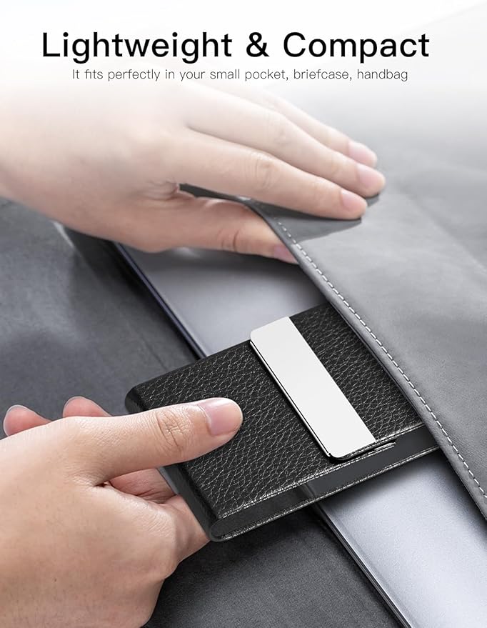 Padike Professional Business Card Holder PU Leather Business Card Case Name Card Holder Slim Metal Pocket Card Holder with Magnetic Shut (Black)