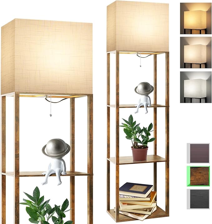 RUNTOP Plus Floor Lamp with Shelves, Modern Shelf Floor Lamp with 15W 3CCT LED Bulb and Memory Function, Wide Shelf Lamp for Display Storage, Standing Lamps for Living Room, Bedroom, Office, Corner