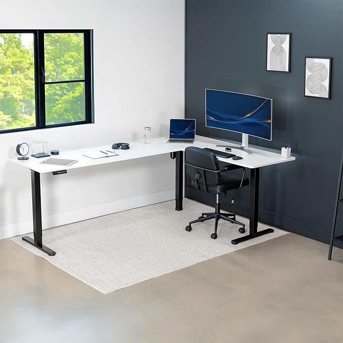 VIVO Electric Corner 84 x 63 inch L-Shaped Standing Desk, Memory Height Adjustment, White Top Black Frame, DESK-E3CTBW-84