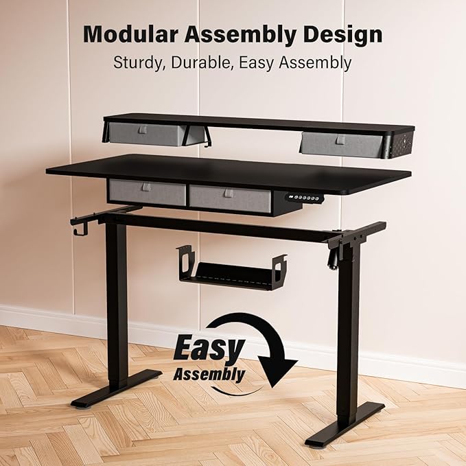 Kingant 55 x 24 Inch Electric Standing Desk with 4 Drawers, Height Adjustable Sit to Stand Computer Desk with Storage Shelf and C-Clamp Mount Compatibility for Home Office, Black