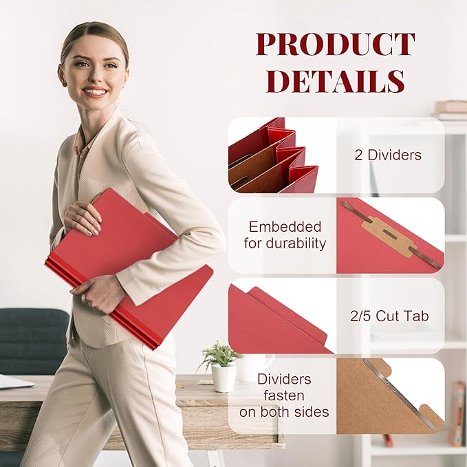 Skyygemm 36 Pcs Classification Folders Letter Size, 2 Divider Pressboard File Folders with 3. 5 Inch Expansion, 2 Prongs Fastener, Heavy Duty Office File Organizers for Teachers, Medical (Dark Red)