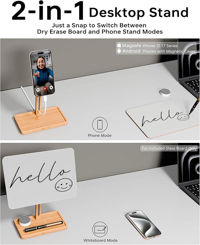 YEOUX Premium Desktop Glass Whiteboard & Magnetic Phone Stand 2-in-1 | 360° Adjustable | Solid Wood | Compatible with MagSafe, Small Dry Erase Board for Office Home Desk