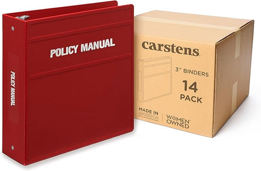 Carstens 3-Inch Heavy Duty Round Ring Binder for Policy Manuals – Side Opening, Brick Red, Case of 14, Durable Plastic, No Pockets, Holds 400 Sheets, Made in USA (1760-3RCS)