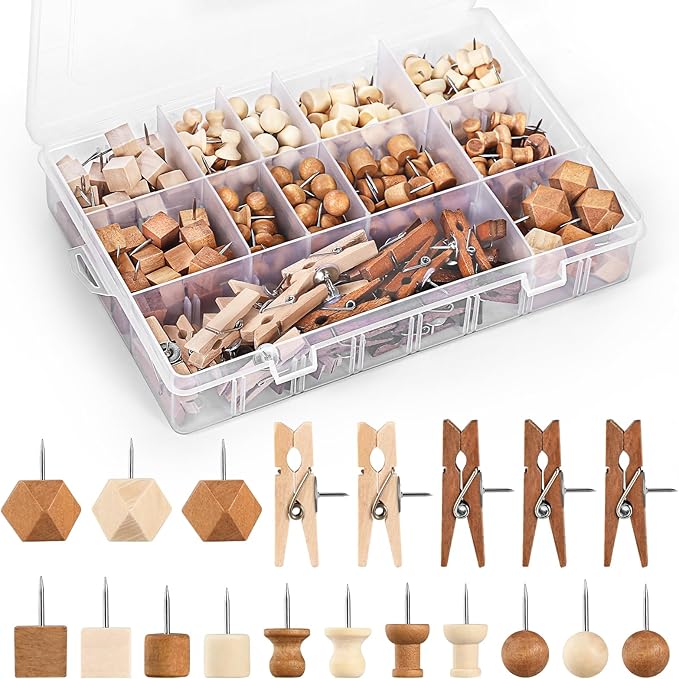 GOOLADA 300Pcs Wooden Push Pins,2 Colors and 7 Types Decorative Thumb Tacks, Cute Thumb Tacks, Wood Pushpins for Cork Board, Wooden Thumbtacks for Bulletin Board, Cubicle Wall, Cork Board Accessories