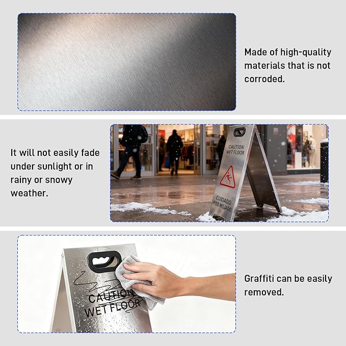 Kerty 4 Pack Stainless Steel Wet Floor Sign, 24 Inch Caution Wet Floor Sign Portable Foldable Bilingual Safety Warning for Hotel Market Restroom Restaurant Office (Silver)