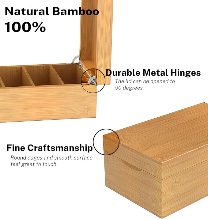 Neando Bamboo Index Card Holder for 3x5 Cards – Wooden Organizer with Lid, 4 Compartments, 600-Card Capacity, Includes 20 Thick Index Cards & 200 Note Cards– Natural Desktop Filing Box
