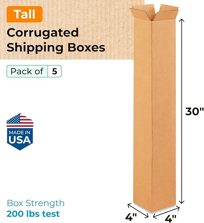 Tall Moving & Shipping Boxes 4 x 4 x 30 inches (5-Pack) - Extra Strength 200 lb vs Regular - Corrugated Boxes for Packaging Moving - Cardboard Box for Shipping - Packaging Box by IDL Packaging