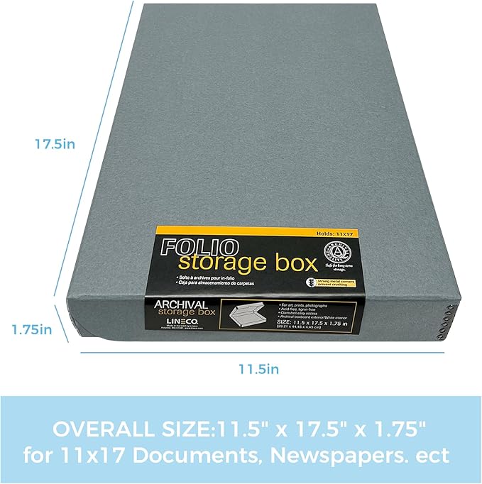 Lineco Folio Storage Box, Clamshell Design with Metal Edge. 11.5x17.5x1.75 Inches, Archival Boxboard, Preserve Photos, Cards, Magazines, Documents, Art, Ephemera, Family Records, Gray, Pack of 1