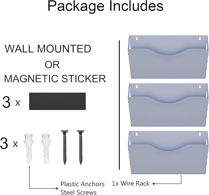 3-Pocket Magnetic File Holder - Wall Mount Mail Organizer for File Cabinets, Refrigerators, Whiteboards (Silver)