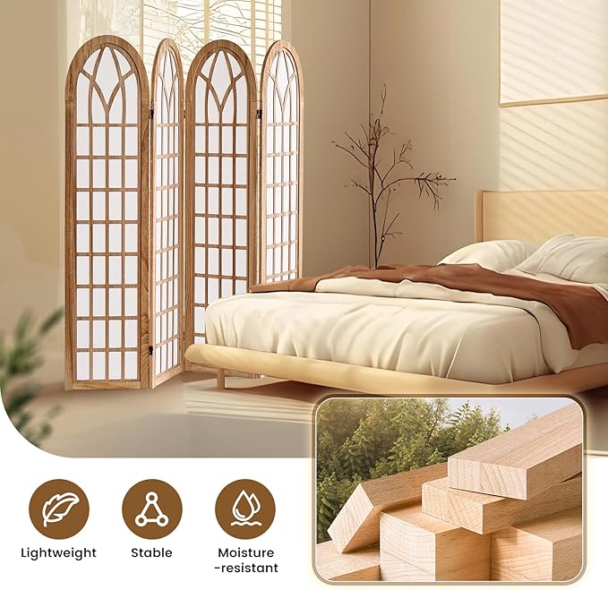 ALeesing Folding Room Divider Privacy Screen Freestanding 4-Panel Shoji Style Wooden Frame Decorative Partition Wall for Bedroom Office Apartment Natural