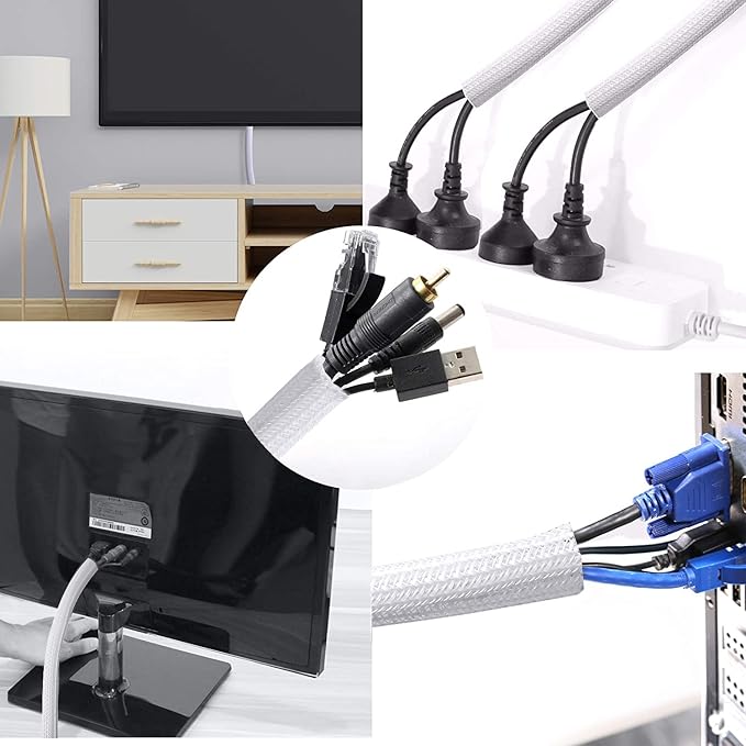 CrocSee 10ft - 1.25 inch Braided Cable Management Sleeve Cord Protector - Self-Wrapping Split Wire Loom for TV/Computer/Home Theater/Engine Bay - White