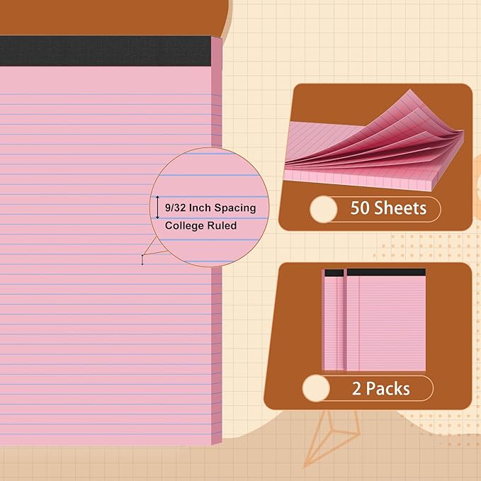 2 Pack Legal Pads 8.5 X11, College Ruled Notebook, 100 Sheets Pink Note Pad, Writing Pads 8.5x11, Tear Off Notepad, Lined Paper, Notebook Paper for Office Home School, 50 Sheet/Pad