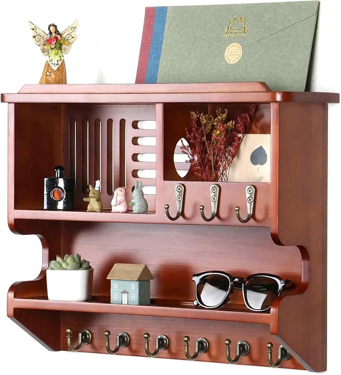 Mutsault Key Holder for Wall, Mail and Key Holder for Home Decor, Key and Mail Holder for Wall with Key Hooks, Auburn