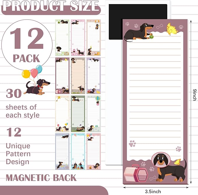 Gersoniel 12 Packs Magnetic Notepads for Refrigerator Monthly Grocery Magnetic List Set to Do List Pads Back Memo Notepad 9 x 3.5 Inches for Fridge Kitchen Shopping Grocery(Mixed Color,Dachshund)