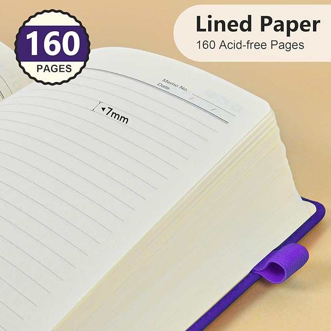 PERCUN Lined Journal Notebook for Men & Women, 160 Pages College Ruled Journal for Writing, A5 Hardcover Leather Notebooks for Work, School, Business, Travel, Daily Diary 5.9" x 8.5" (Purple)