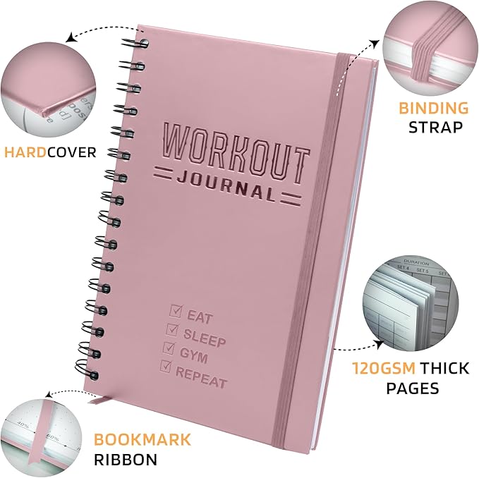Nextnoid Hardcover Fitness Planner Workout Journal for Women & Men - Undated A5 Sturdy Fitness Log Book to Track Gym & Home Workouts - Pink Separately Packaged 2 Pieces