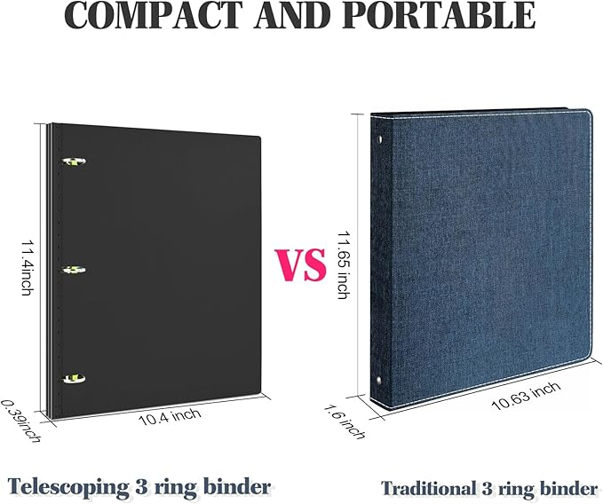 INFUN 1 Inch Telescoping 3 Ring Binder- 4 PCS-Black, Portable Plastic Binder with Telescoping Spine, 3 Ring Binders with Foldable Front Cover Holds 8.5" x 11" Paper for School,Office and Homes