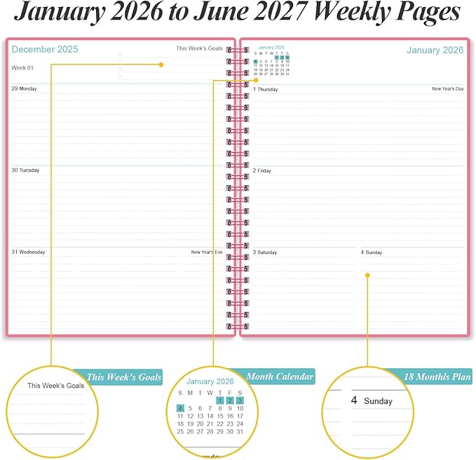 2026-2027 Planner - 18 Months Weekly & Monthly Planner from January 2026 - June 2027, Academic Planners 2026-2027 with Elastic Closure, Inner Pocket, 8.5" x 11", Pink