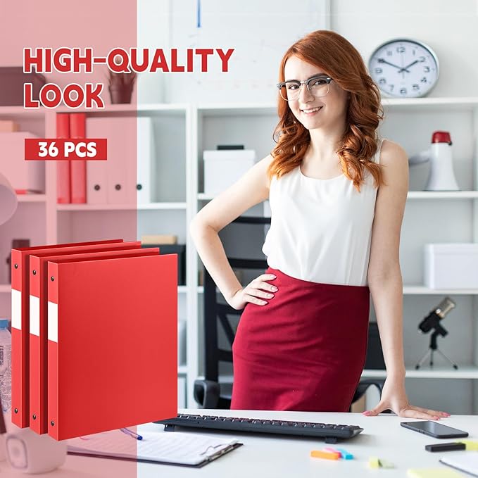 Henoyso 36 Pcs 3 Ring Binder 0.5 Inch Round Fits Letter Size 8.5'' x 11'' Paper Plastic Flexible Binder Bulk Holds 140 Sheets with 1 Pockets Versatile Organizer for Home Office School (Red)