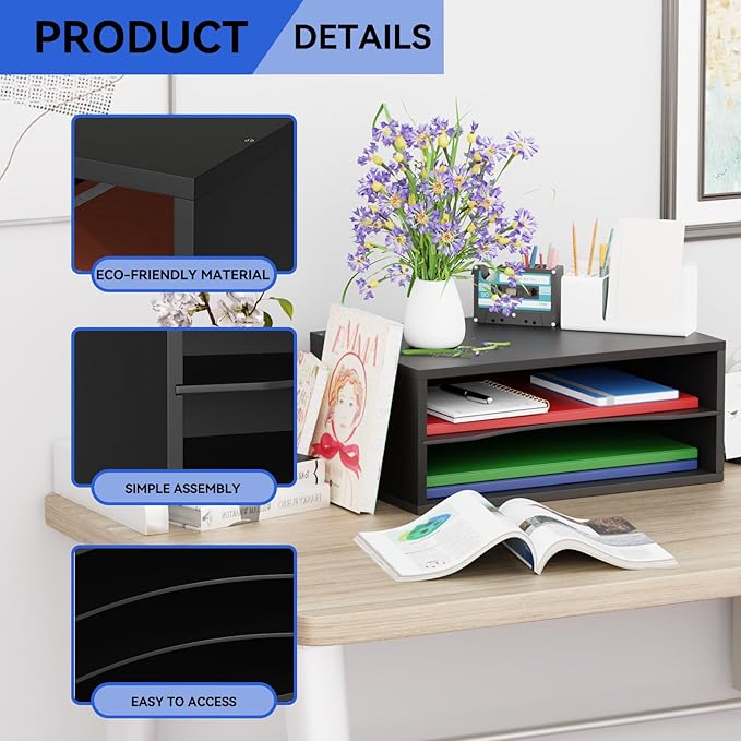 GDINDINFAN Wood Desktop Letter Tray File Organizer, Paper Storage Mail Sorter with Adjustable Drawer Boards for Home and Office, Black
