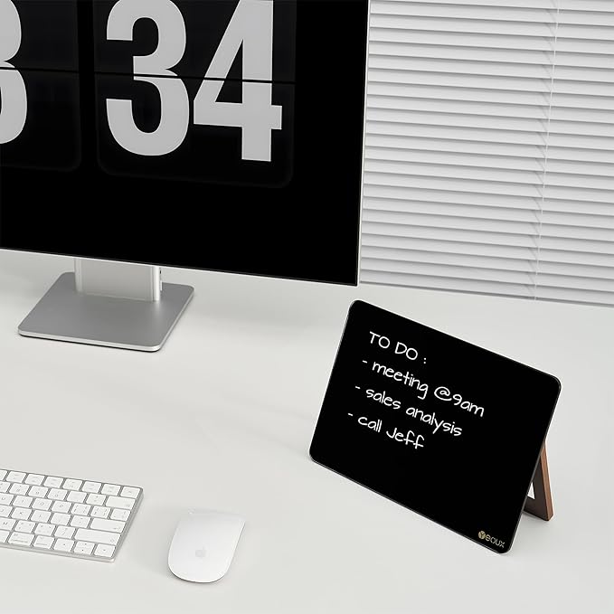 Black Glass Desk Whiteboard with Reversible Wood Stand, Small Portable Desktop Dry Erase White Board, Reusable Desk Notepad Easel 6.7"x9.5" for Office, Home, Kitchen, Marker&Eraser Included, Yeoux