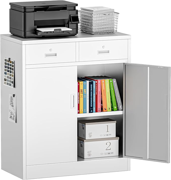 TaskStorz Metal Storage Cabinet with 2 Drawers 36" H,White Metal Garage Cabinets with 2 Lockable Doors and Adjustable Shelves Easy to Assemble for Home Office, Kitchen,Pantry,Garage,Warehouse