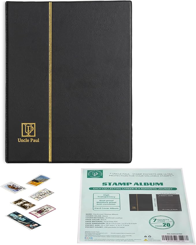 Stamp Albums 140 Pockets - Stockbooks with 35x197mm Sleeves, 10 Double Sided Black Page with Leatherette Padded Black Cover, Collection Storage Folder for Paper Money Postage Stamps AS0107BK